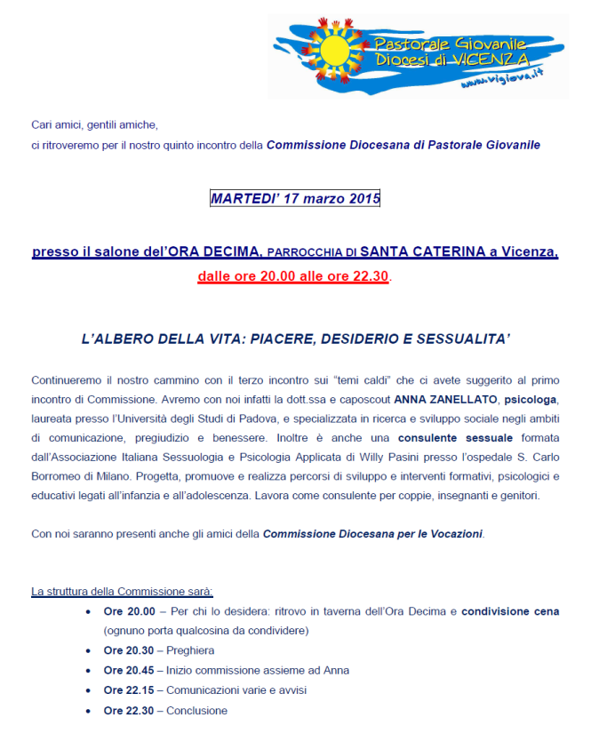 Commissione Diocesana di Pastorale Giovanile a Vicenza: L'albero della vita, piacere, desiderio e sessualità